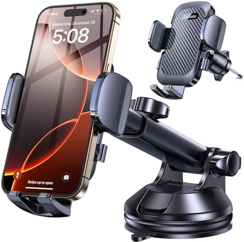 Romuto Soporte Movil Coche 2025 Upgraded Suporte Telemovel Carro con Clip de Gancho Estable [Estable y Robusto] 360° Rotación Soporte Móvil Coche Universal para iPhone 17 Pro MAX Air y Samsung S25