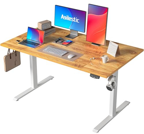 Agilestic Höhenverstellbarer Schreibtisch 140 x 80 cm | Schreibtisch elektrisch mit 2 Speicherplätzen, Stehschreibtisch mit vierteiliger Tischplatte, Computertisch, Hellbraun