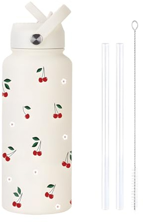 JOAASU Insulated Water Bottle, 800ml/27oz Stainless Steel Water Bottle with Flip Straw and Handle, Leak-Proof Vacuum Insulated Bottles with Cherry Pattern for School, Office, Travel, Gym