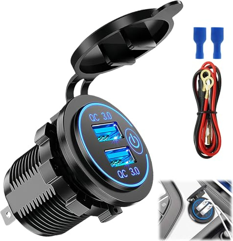 12V/24V USB Outlet, Charge 3.0 Car Charger Socket, 36W QC3.0 Dual USB Fast Charger Socket Power Outlet with LED Voltmeter, for Cars Boats RVs Motorcycles Marine