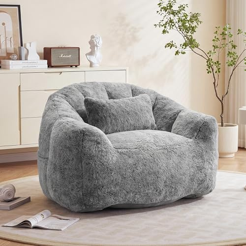 FurniSoar Sitzsack für Erwachsene, Flauschiger Loungesessel aus Kunstfell mit Kissen, Belastbarkeit bis 160 kg, Vakuumverpackt & ohne Montage, für Wohnzimmer, Schlafzimmer, Balkon, Grau