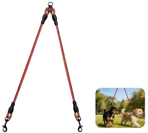 Correas Dobles/Correa de Perro para Dos Perros, Acoplador Divisor con Cuerda de Escalada Reforzada, Giratorio 360° Sin Enredos, 75cm, Reflectante para Seguridad Nocturna, Color Rosa