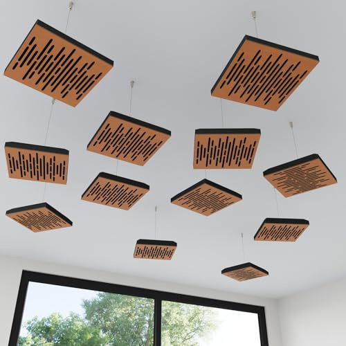 4 Pack — Mini Acoustic Ceiling Panel | Hanging 3D Sound Absorber with Suspension Kit | Acoustic Ceiling Decor | HDF Mini Hanging Panels | 25×25 cm | Color: [Cherry | WAVE-Mini]