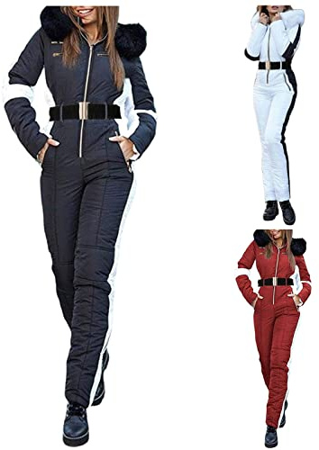 Mono de esquí de una pieza para mujer, para invierno, cálido, para esquí, para exteriores, resistente al agua, a prueba de viento, traje de nieve, mono largo con capucha y cremallera