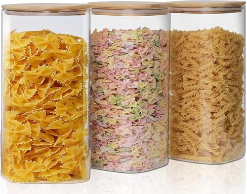 Fulfun 1000ML Glass Jars with Bamboo Lids, 3pcs Air Tight Kitchen Food Cereal Containers for Storage,Canister Set for Jam Pasta Spaghetti Tea Coffee Beans Cookie Snack Flour
