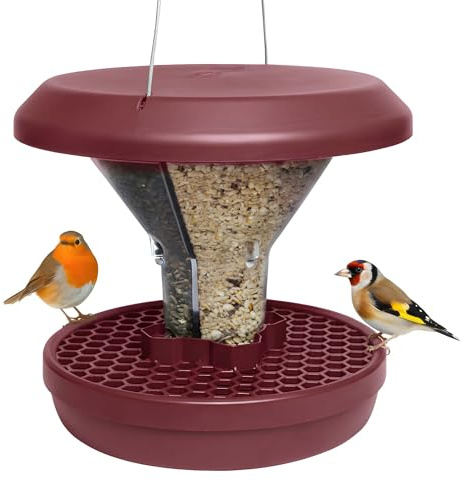 SWISSINNO Mangiatoia per uccelli da esterno sospesa - Davos Smart Birds - Anti ratti e topi con vassoio raccoglitore - Dispenser di semi per uccelli selvatici - Giardino e balcone - Borgogna