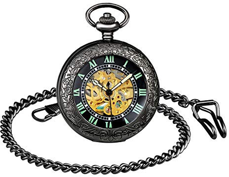 MICGIGI-Unisex Taschenuhr mit Halskette Kette Analog Automatisch Antik Römische Ziffern Mechanische Taschenuhren