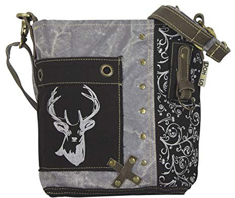 Domelo Trachtentasche. Kleine schwarze Umhängetasche. Oktoberfest Damen Crossbody Bag mit Hirsch Aufdruck. Canvas Tasche als Geschenk für Trachtenmode Liebhaber