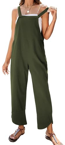 Omoone Women Sleeveless Cotton Straps Baggy Jumpsuit Overalls Casual Summer Bib Rompers Pockets (3124-Green-L)