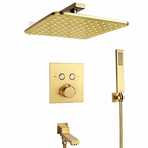 Duschsystem mit Thermostat Unterputz Quadrat Duschkopf Regendusche Duscharmatur Unterputz Duschthermostat 3 Funktion Duschbrause Set Unterputz,Gebürstetes Gold