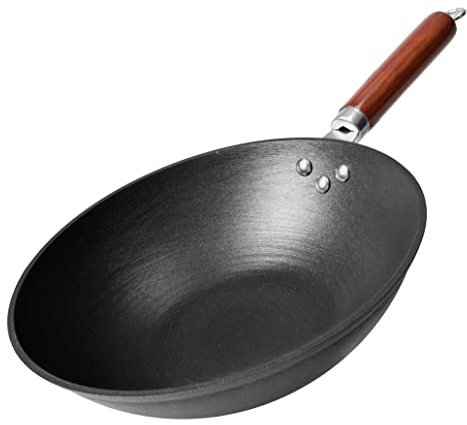21st & Main Wok, Bratpfanne, Holzgriff, 27,9 cm, leichtes Gusseisen, Kochpfanne, voreingebrannte Antihaftbeschichtung, für chinesisches japanisches und anderes Kochen