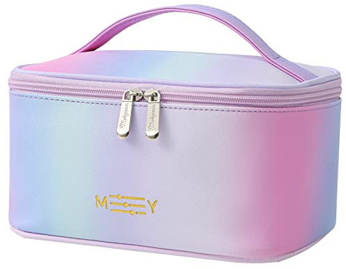 Gradient Travel Makeup Bag for Women, PU Leather Cosmetic Bag, Rainbow Pink