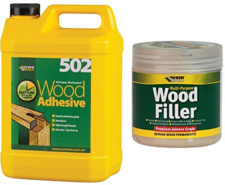 Everbuild 502 All Purpose Waterproof PVA Based Wood Adhesive - 5 Litre & Multi-Purpose Wood Filler, Dark Oak, 250 ml