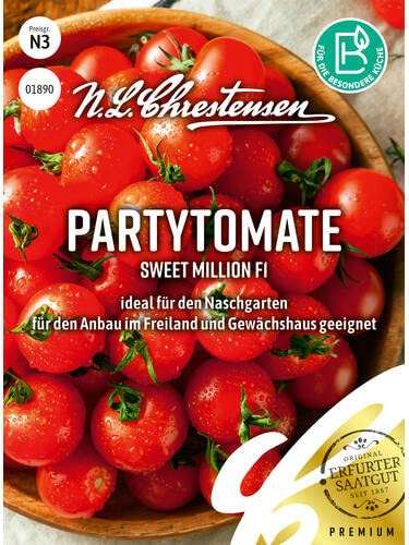 Chrestensen Partytomate Sweet Million F1 Samen | Rispentomate, ideal für den Nachgarten, Anbau im Freiland und Gewächshaus, Zuckersüß Kirschgroß Naschtomate