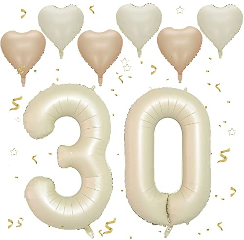 Beige Luftballon 30, Folienballon Zahl 30 Creme Weiß, 40 Zoll Helium Ballon 30, Geburtstagsdeko Folienballon Zahlen 3 & 0, Luftballon 30.Geburtstag Dekor-Set für Männer Frauen Geburtstag Party Deko