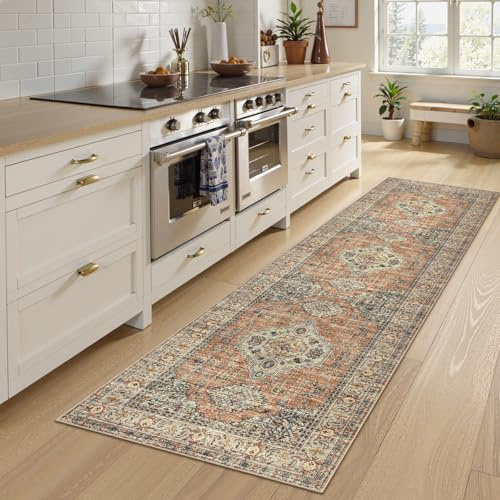 Lahome Oriental Washable Kitchen Runner Rug Non Slip, 2x8 Bathroom Runners for Hallways with Rubber Backing, Vintage Soft Long Carpet for Laundry Bedroom Eleanor, Peach/Orange