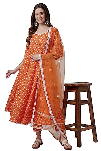 miss fame Women's Cotton Anarkali Kurta with Pants and Dupatta - (Orange, X-Large)