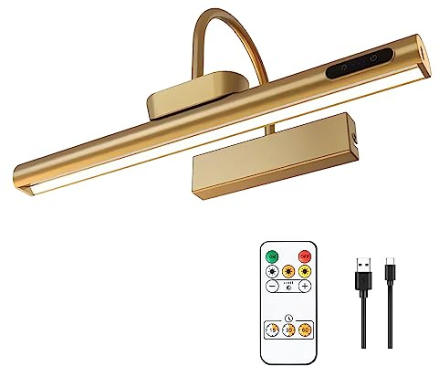 LYTARA Dimmable Cordless Picture Light with Controller and Timer, Rechargeable 5000mAh Battery Wall Sconce for Wall Pictures, Gallery Artwork, Paintings, Portraits, Dartboards (Gold)