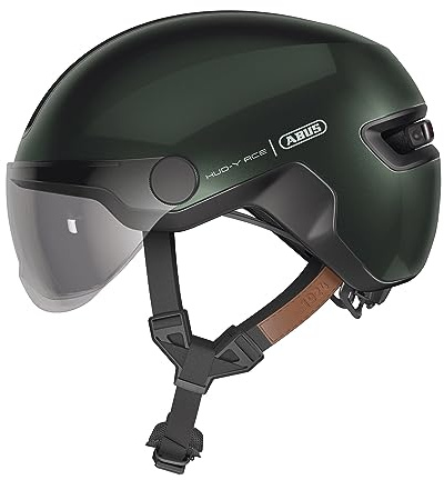 ABUS Stadthelm HUD-Y ACE - stylischer Fahrradhelm mit Visier und magnetischem, aufladbarem LED-Rücklicht - für Damen und Herren - Grün, Größe M