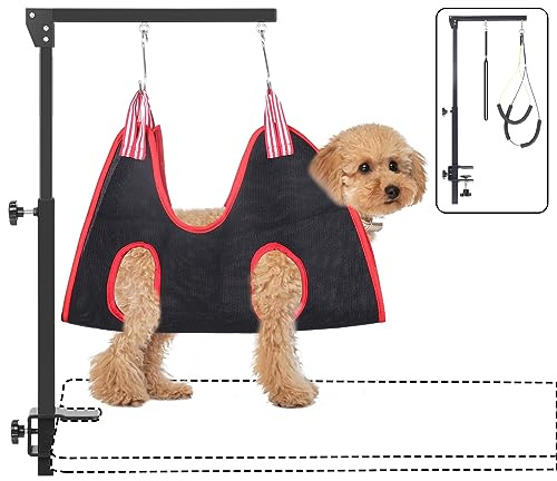 LUCKUP Dog Grooming Arm with Clamps, Pet Grooming Table Arm with Hammock Harness &Two No Sit Haunch Holder, Adjustable Pet Grooming Supplies for Small/Medium Pets, Black