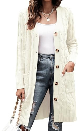 Aottori Cárdigan de Punto Mujer Manga Larga Botones Cardigans Suéter Casual Abrigo Frente Abierto Jerseis Chaqueta con Bolsillo Blanco S