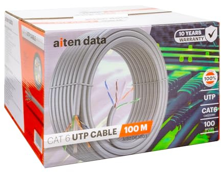 Aiten Data Bobina Cable de Red, UTP CAT6 100 metros, Polietileno de Alta Densidad (Solid HDPE) y LSZH - Cuatro Cables Trenzados y separador - Diámetro Conductor de 0.56 OFC (Oxygen Free Copper) 99.97%
