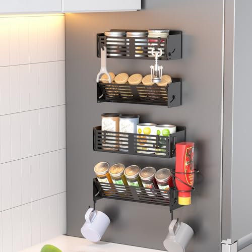 CLESOO Gewürzregal Magnetisch Kühlschrank, 2Stk. beweglicher Magnet Regal für Gewürze und Gewürzdosen, Wandmontiert Kühlschrankregale Hängeregal mit Spiralhalterung & 4 Haken für Küche Mikrowelle Herd