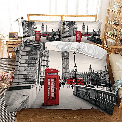 BDKCYO 3D Stadt London Bettwäsche 135x200cm Rot Telefonzelle Freiheitsstatue London Street Eiffelturm Muster Bettbezug mit Kissenbezug (London,135x200 cm)