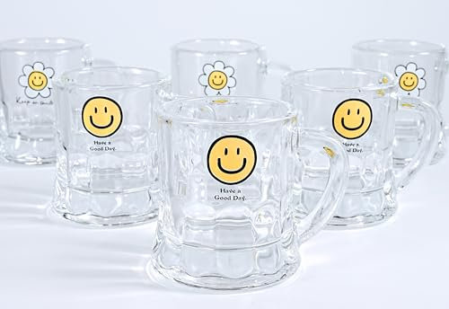 Erkundpresso. Set di 6 bicchieri da espresso in vetro, motivo Keep on smiling, con pareti spesse, 50 ml, a doppia parete, con manico