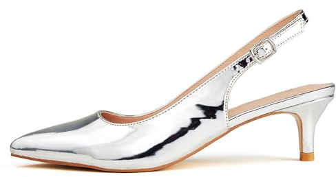 GENSHUO Scarpe col Tacco Basso da Donna con Cinturino Posteriore, Eleganti, a Punta, Chiuse, con Cinturino alla Caviglia, comode e Formali, da Sposa, Vernice Argento, 37 EU