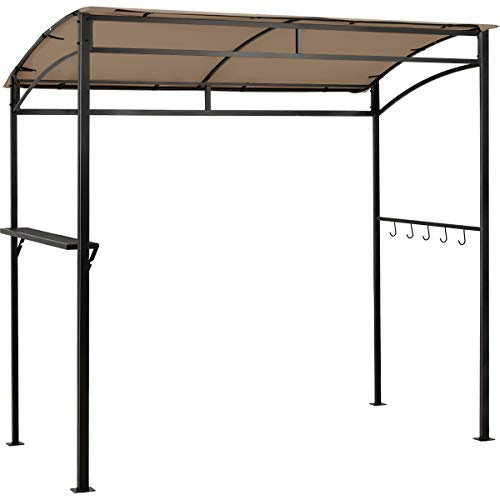 HOMASIS Gazebo Barbecue Esterno, Rifugio Barbecue con Telaio in Metallo Robusto, Tenda Ombreggiatura, Scaffale di Conservazione, 5 ganci, per Patio, Giardino, Spiaggia, Marrone, 216X134X211cm