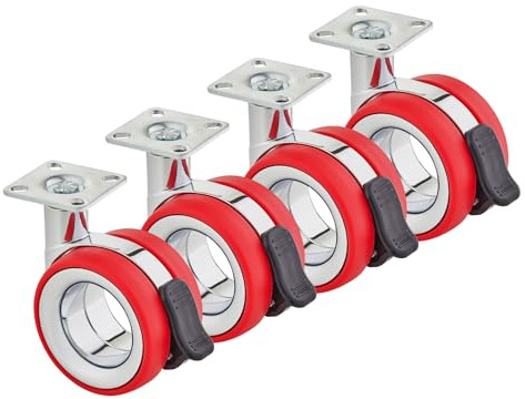 SOTECH juego de 4 ruedas para muebles Düsseldorf Ø 75 mm (altura 98,5 mm, cromo/rojo, con freno, placa de montaje 47 x 47 mm) Rueda giratoria - Aporte movimiento y estilo a sus muebles