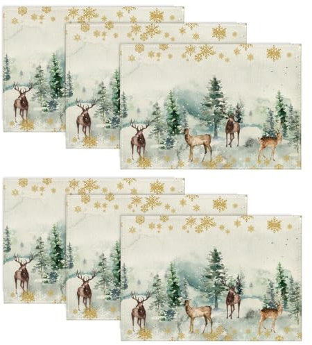 Artoid Mode Watercolor Deer Trees Snowflakes Christmas Placemats Set of 6, 30 x 45cm Seasonal Winter Xmas Holiday Vintage Washable Table Mats