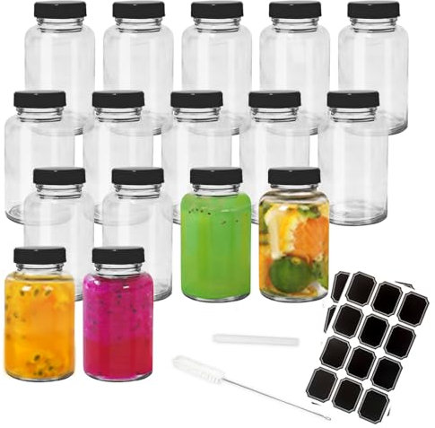 BiBOTLSFLY 4oz 16 Pack Glass Shot Bottles with Black Lids, Leakproof Small Glass Bottles Clear Jars Travel Essentials Mini Bottles for Ginger, Wellness Shot, Juice, Oils, Sauce, Sample