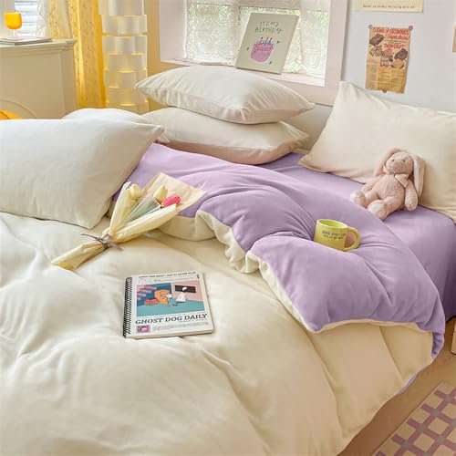 Covebett Flanelle Housse de Couette 200x200 Violet et Blanc Réversible Peluche Hiver Chaude Parure de lit Velours Doux Linge de Lit Adulte 2 Personnes Fermeture Éclair + 2 Taie d'oreiller 65x65 cm