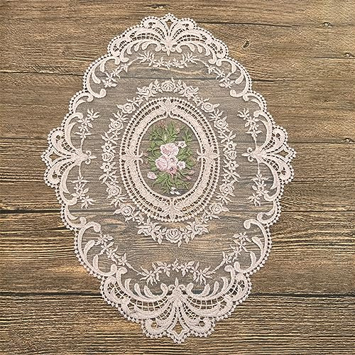 Anevous 2 Stück Spitze Oval Platzset, Vintage Dekorative Tischsets, 31x 42cm Spitzendeckchen Placemat, Spitze Blume Bestickte Tischmatte Abwaschbar für Küche Esszimmer Dekoration,Rosa