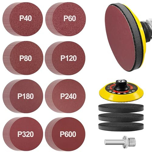 Schleifscheiben-Set 125 mm Klett für Winkelschleifer, 96-tlg. Schleifpapier mit M14-Schleifscheibe und Schaft, Winkelschleifer-Zubehör ideal zum Polieren von Holz und Metall