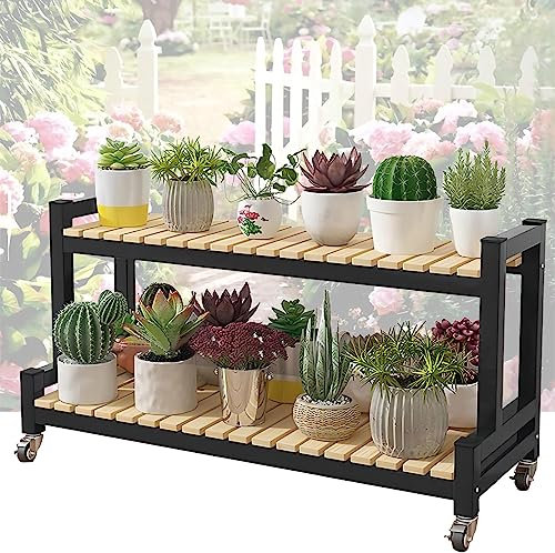 AKNGFO Pflanzen-Präsentationsregal, Pflanzen-Präsentationsregal, 2-stufiges 3-stufiges Leiterregal, Blumenständer auf Rollen mit Bremse, Indoor-Outdoor-Gartentopf-Präsentationsregal,