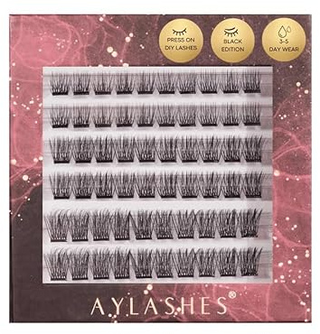 AYLASHES - DIY Press on Wimpernextensions SECRET AGENT | Mixed Box (60 Wimpernsegmente) | Bis zu 5 Tage Halt | Wimpern DIY Set für zu Hause | künstliche | Cat eye lashes | Schwarzes Wimpernband