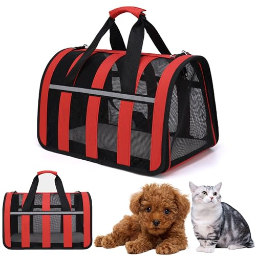 MZSX Transporttasche für Katze Hund, mit reflektierenden Streifen, mit atmungsaktivem Mesh, Faltbare katzentasche transporttasche, für Katzen und kleine Hunde, ideal für Reisen, bis 4 kg (rot)