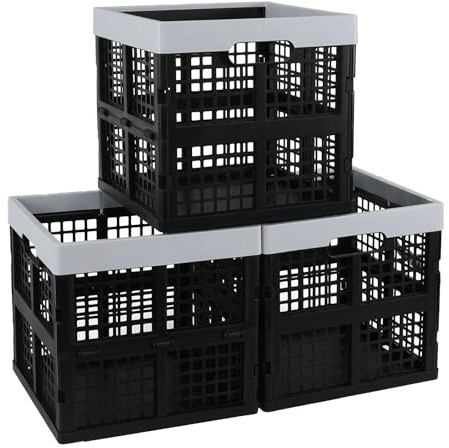 Xowine 3-Pack 18 L Plastic Square Collapsible Crates, 28 X 28 X 27 cm Cube Storage Boxes, Foldable Plastic Storage Basket, Black