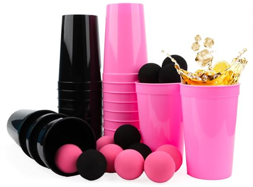 Yooyan 34 Pcs Beer Pong Cup Set, 22 Cups (24 oz), 12 Balls（40mm, Black and Pink Beer Pong Cups, Reusable 700ml Party Cups, Hard Plastic Party Cups for Birthdays, Weddings, Picnics, Family Party