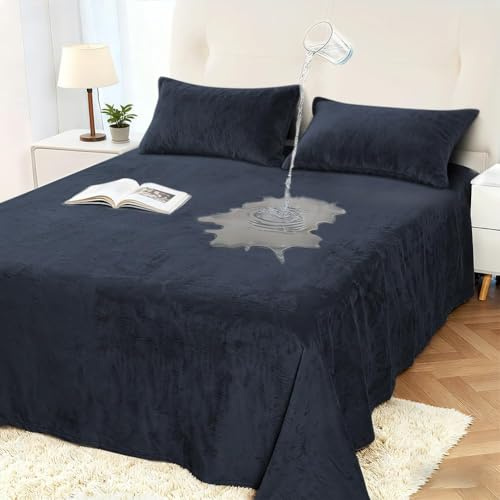 DUJUIKE Funda Impermeable para Cama, Funda de Terciopelo Impermeable, Protector de colchón Infantil 100% Impermeable y Transpirable, Funda de colchón silenciosa, súper Suave(Azul Marino, 160 x 230cm)