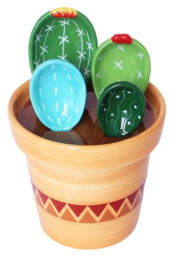 Set di cucchiai dosatori a forma di cactus in pentola, simpatici misurini in ceramica e cucchiai con supporto per cuocere sale e zucchero