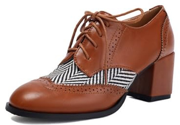 Chaussures Oxford À Bout Pointu pour Femmes Lacets Wingtip Brogue Escarpins Talon Mi-Épaisses Vintage Chaussures De Robe,Marron,40 EU