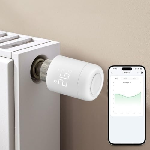Vanne de Radiateur Thermostatique Intelligente WiFi, Contrôle par Application Smart Life/Tuya, Compatible Alexa & Home, 6 Modes, Programmation, Détection Fenêtre Ouverte, Verrou, passerelle requise