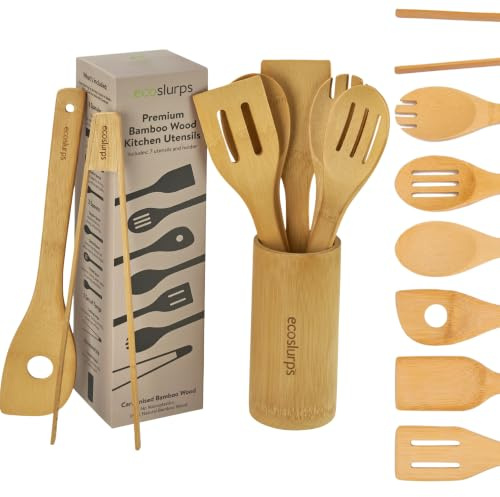 EcoSlurps 8 Bamboo Cooking Utensils Set - British Carbonised Wooden Kitchen Spoons, Spatulas and Utensils Non-Stick Wooden Material with Storage Holder - Premium Cooking Utensil Gift Set (8)