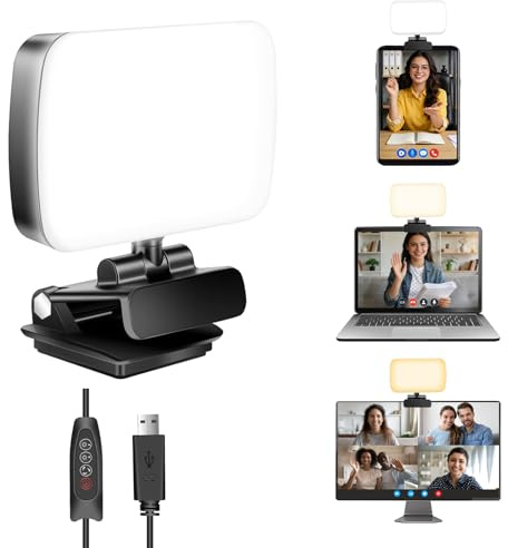 120 LED Videokonferenz Licht mit USB-Kabel, 3 Einstellbare Farben/10 Helligkeitsstufen/360° Drehung, 3000K-6500K Streaming Licht, Videolicht mit Clip für Zoom-Meetings Laptop Monitor Büro Geschenk