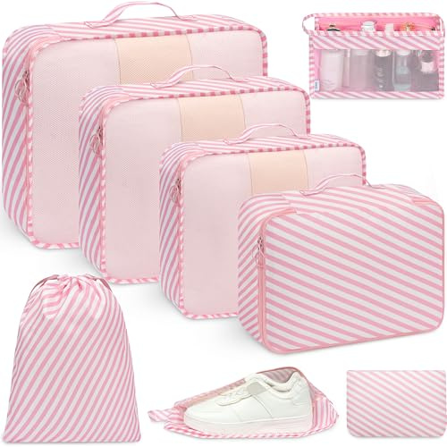 BAGAIL 8-teiliges Packwürfel-Set, Reiseorganizer mit atmungsaktivem Netz & Schuhbeutel, leichte Nylon Packorganizer für Koffer, 9 Farben - Rosa gestreift