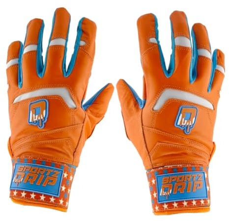 Sportz Drip Velocity Batting Gloves, Baseball, Youth/Adult, Orange and Blue, Multiple Sizes, Breathable Mesh, Adjustable Wrist Strap, Pro-Grade Grip (Adult Small/Medium)